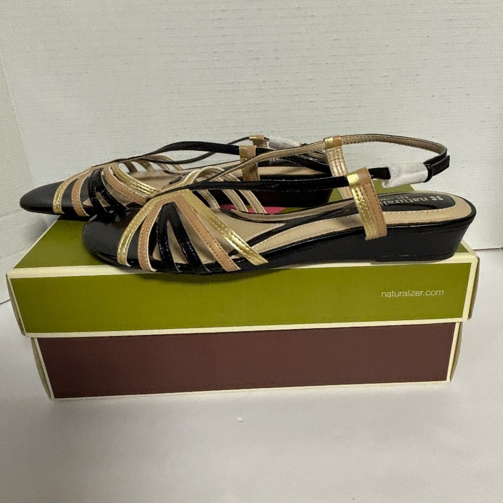 Naturalizer Joany Black/Gold Wedge Heel Comfort Slingback Sandal Size 8.5N NWT